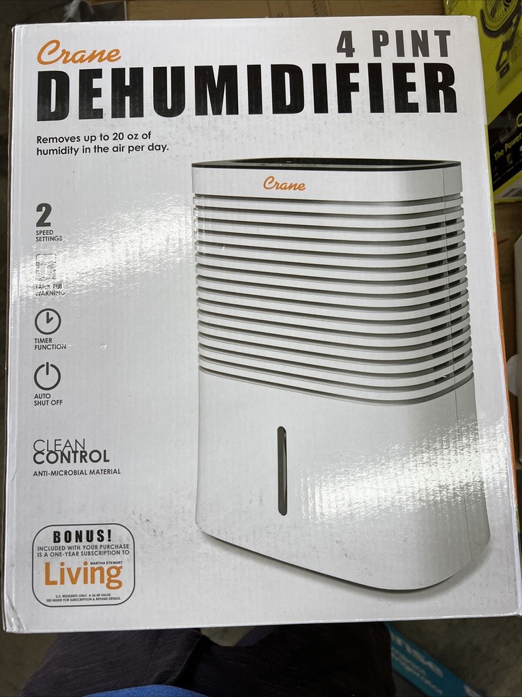 Crane Dehumidifier Portable 4-Pint Compact Bucketless Ventilation Continuous Run