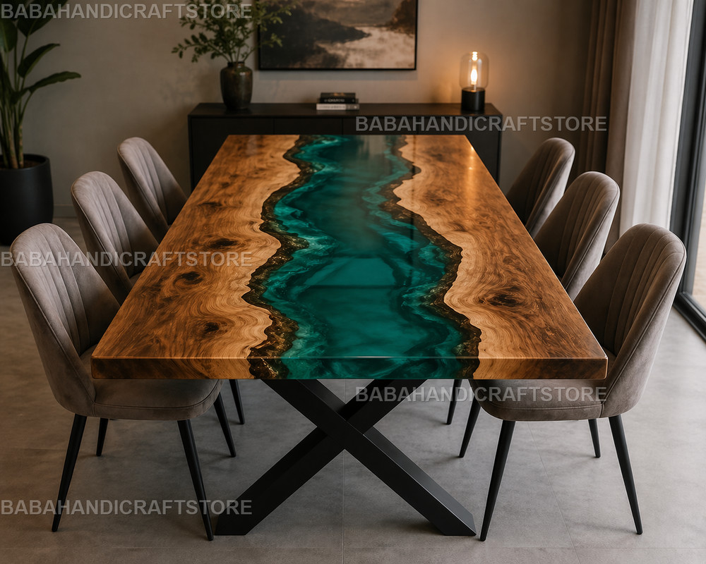 Live Edge Teal Resin Table Custom Epoxy River Dining Table Top Solid Wood Table