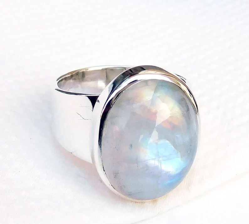 Solid 925 Sterling Silver Natural Rainbow Moonstone Large Oval Blue Flash Ring
