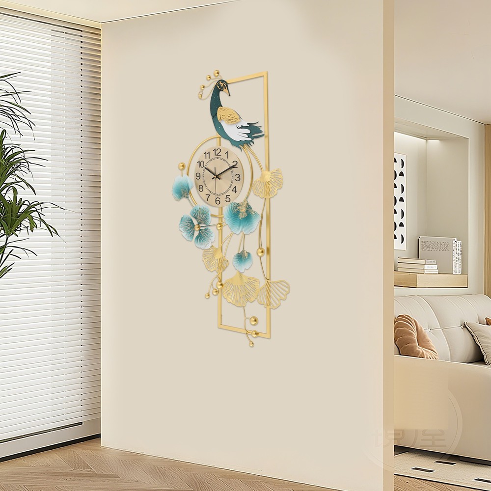 Peacock & Ginkgo Leaves Wall Clock, Modern Wall Clock
