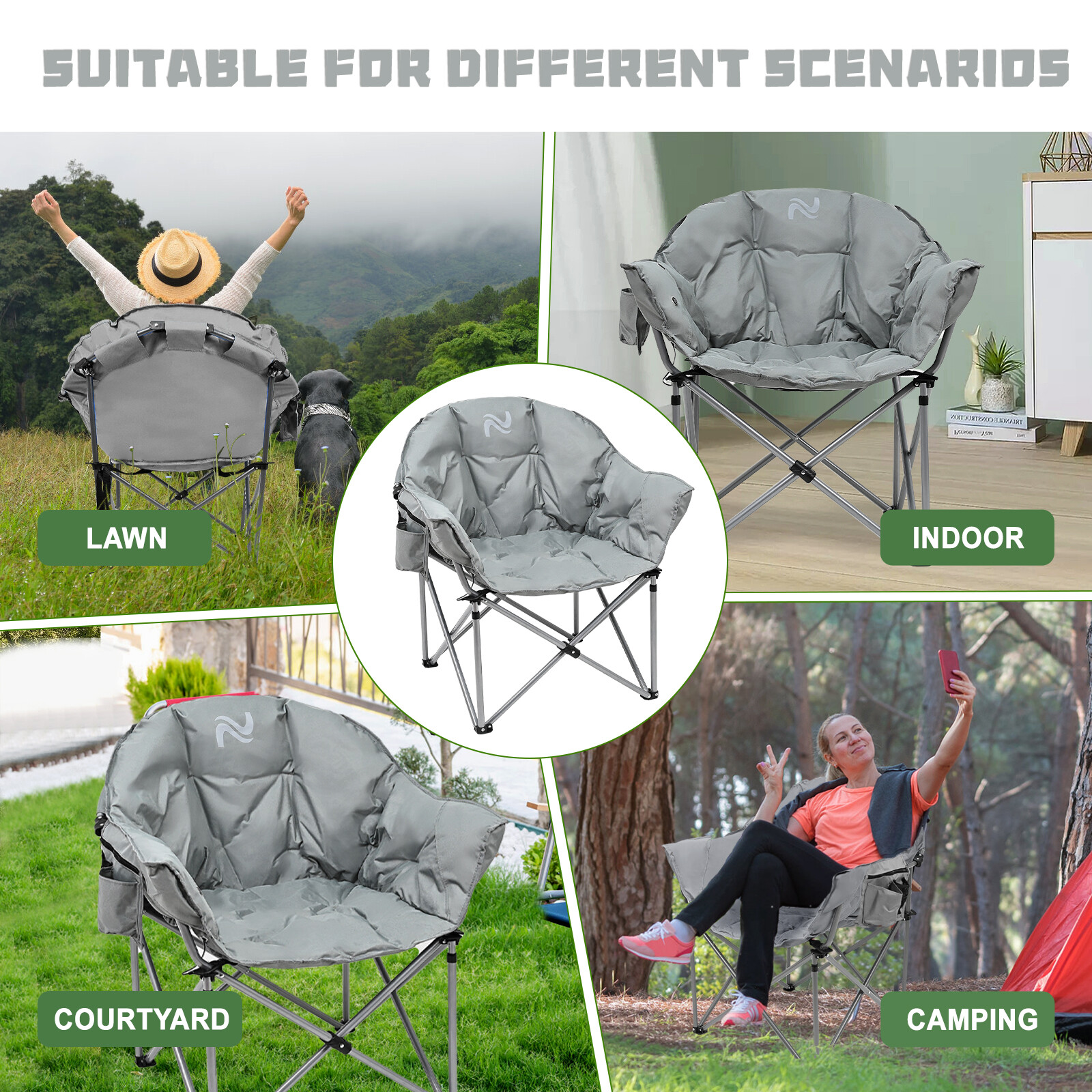 Oversized Heavy-Duty Club Folding Camping Chair w/ Pocket Moon, Round, Saucer