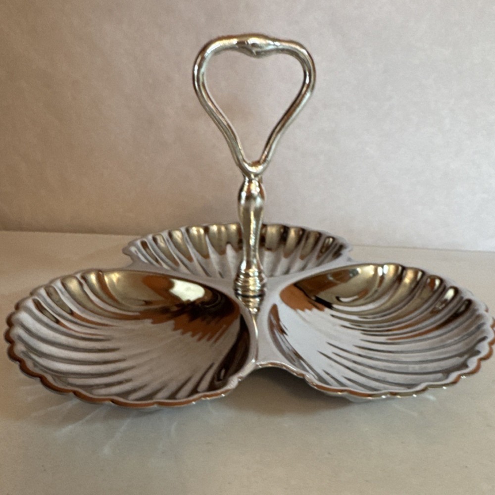 Vintage Three Section Serving Tray with Handle, Shell Design, 10.75" x 7"