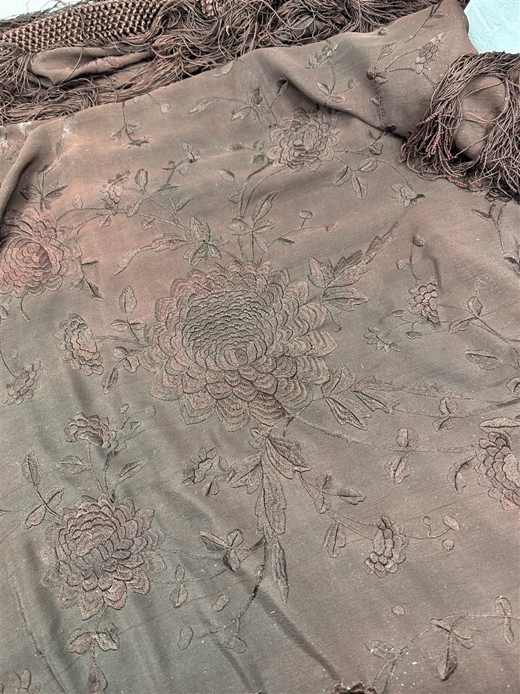 antique silk shawl embroidered lg 49x49 dark purple fringe 20 piano original