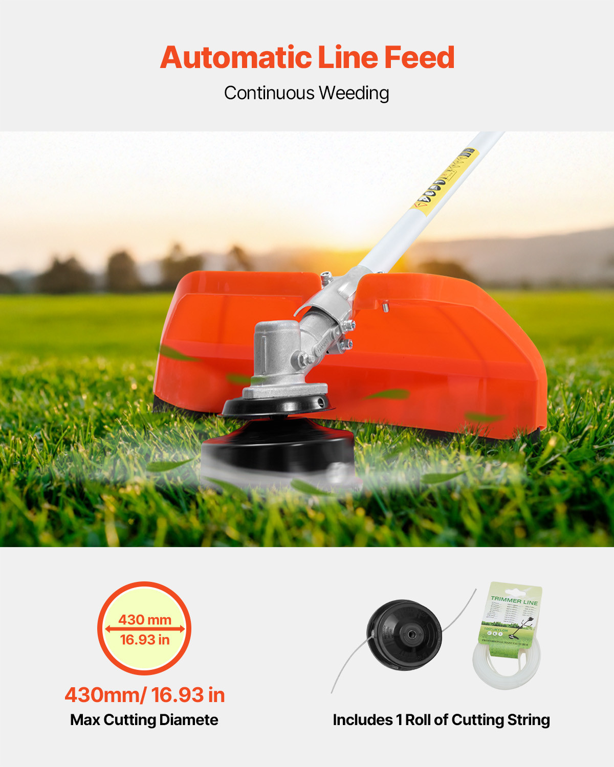 VEVOR Cordless String Trimmer 16.9" 51.7CC Gas Powered Grass Trimmer