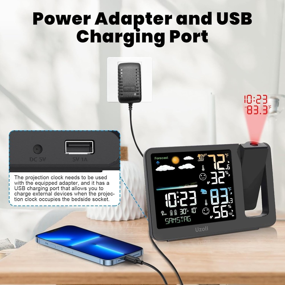 Projection Alarm Clock Weather Station, WWVB Atomic Projector Clock with Sensor,