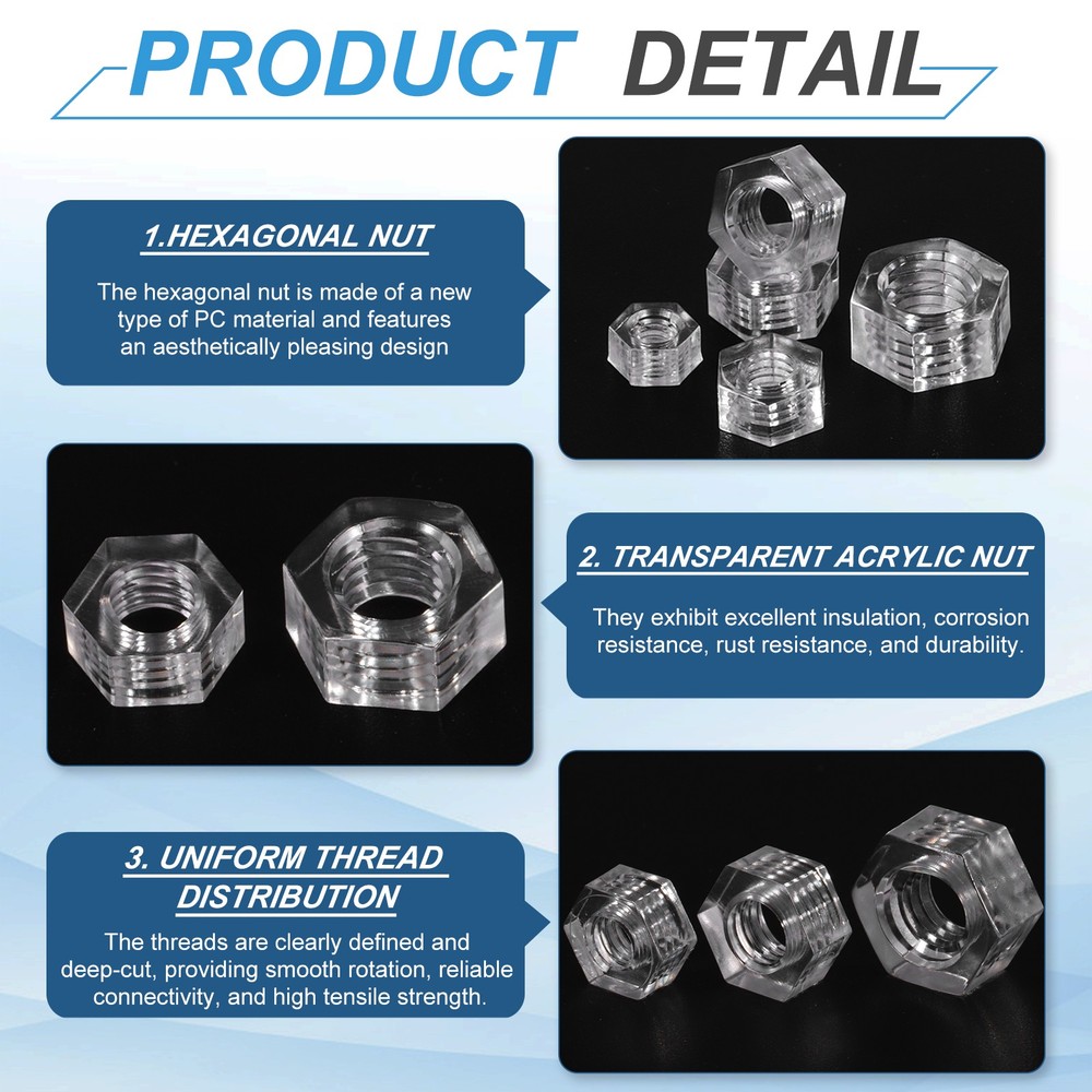 40Pcs Clear Hex Nuts, M3 Metric Coarse Thread Machine Acrylic Screw Nuts