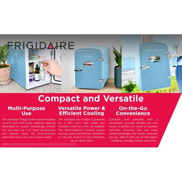 Frigidaire 9-Can Mini Fridge Cooler – 5L Compact Blue Design for Drinks, Snacks