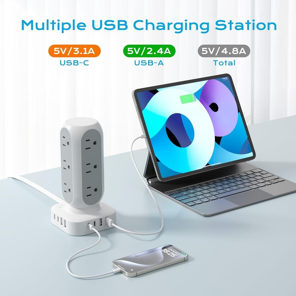 Lightweight Surge Protector with Multiple Outlets and USB Ports for Easy Access