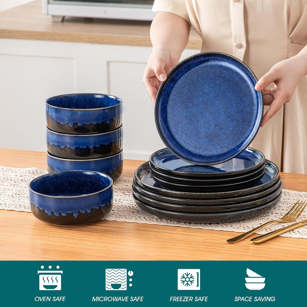 Starry 12 Pieces Dinnerware Sets for 4, Blue Reactive Glaze Dishes Sets, Ceramic