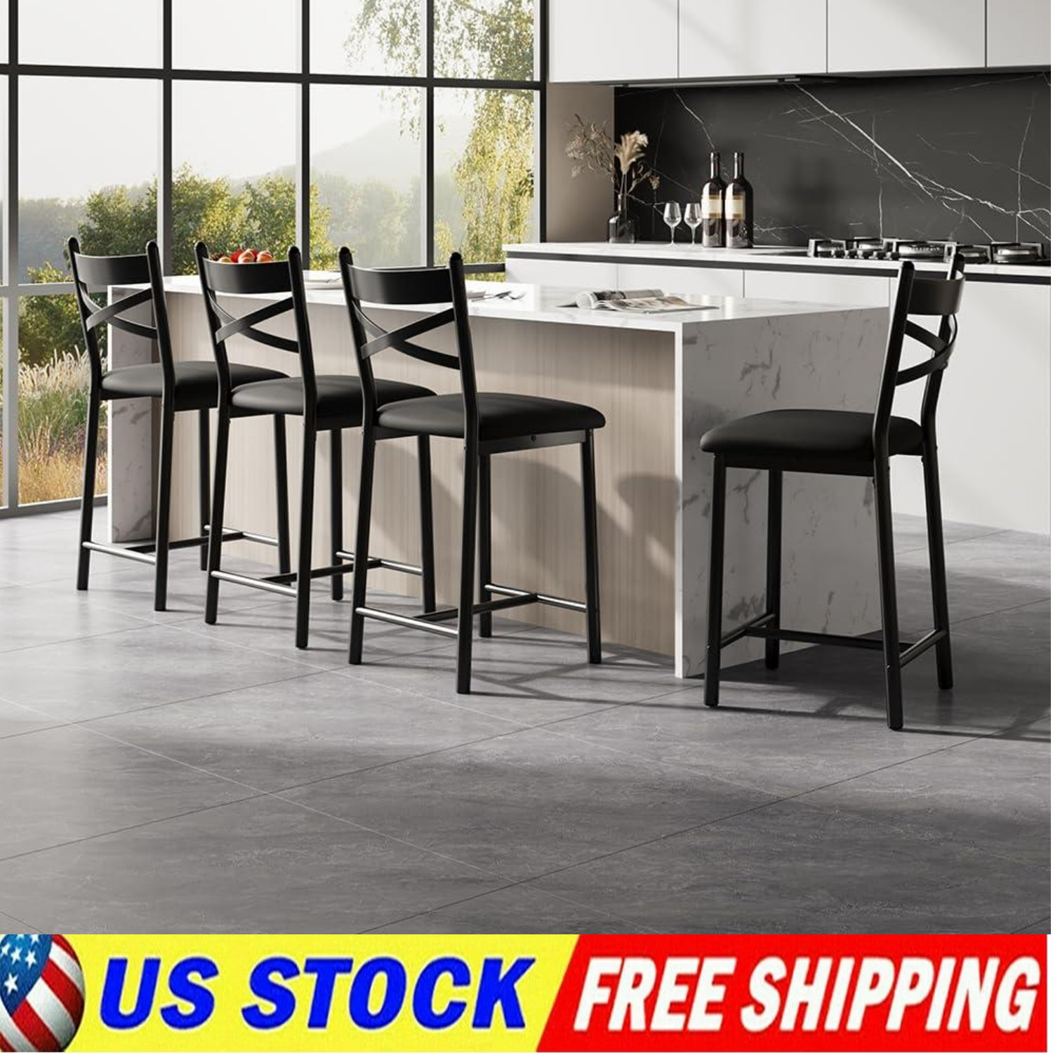 Set of 4 Counter Height Stools with Metal Frame Ergonomic Pu Leather Bar Stools