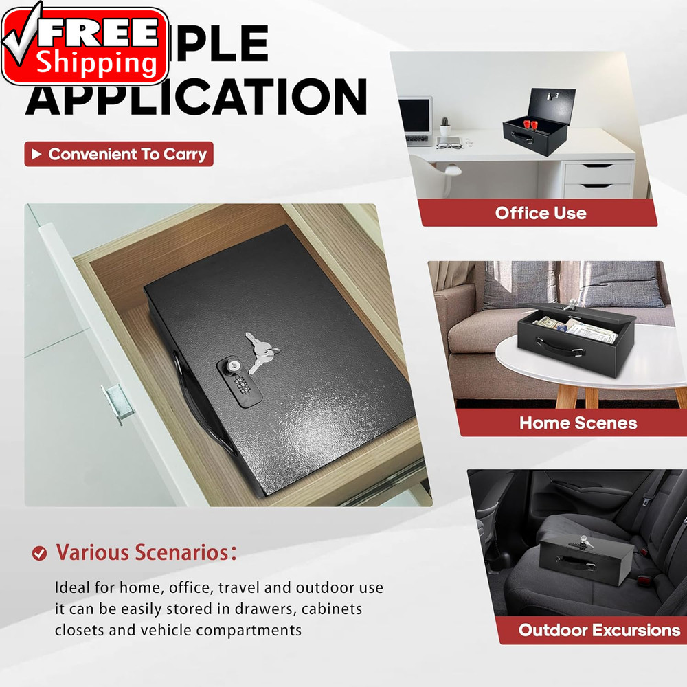 Fireproof Lock Box with Key and Combination Lock, Fire Safe Document Box, Portab