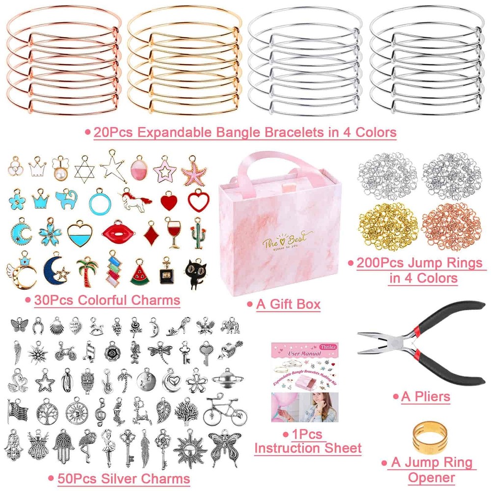 Thrilez 300Pcs Charm Bangle Bracelets Making Kit Adjustable, multicolored