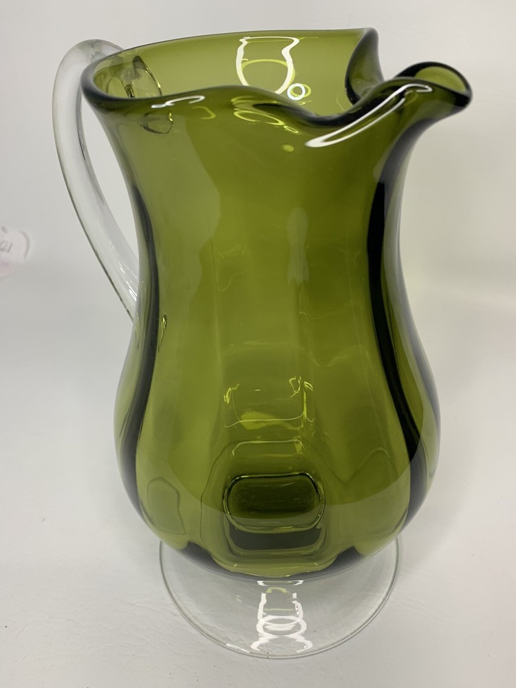 hand blown green footed 10 1/2" pitcher & applied clear handle