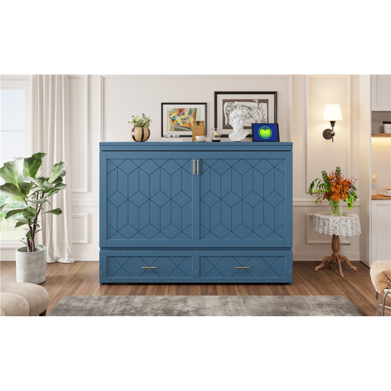 Queen Size Murphy Wall Bed Space Saving Cabinet with Drawer USB Sockets Navy Blu