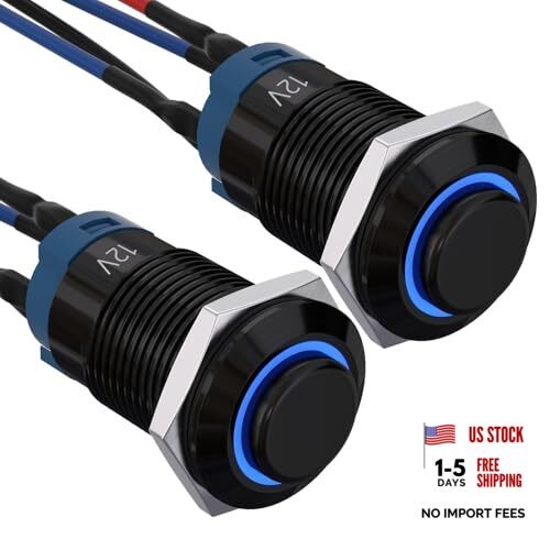 12mm Latching Push Button Switch SPST Pre 150mm Pre-wired Black Shell-Blue