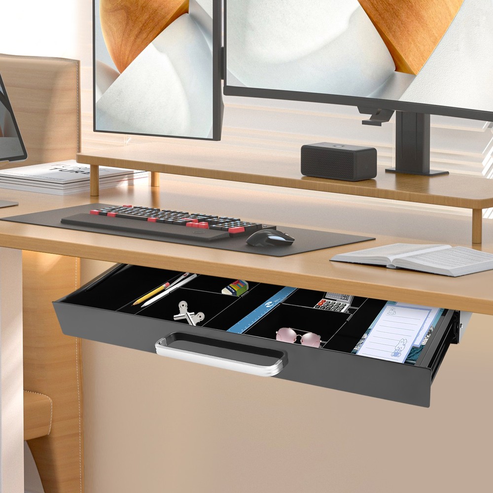 Black Under Desk Sliding Drawer Pull Out Under Table Storage Organizer for Desk