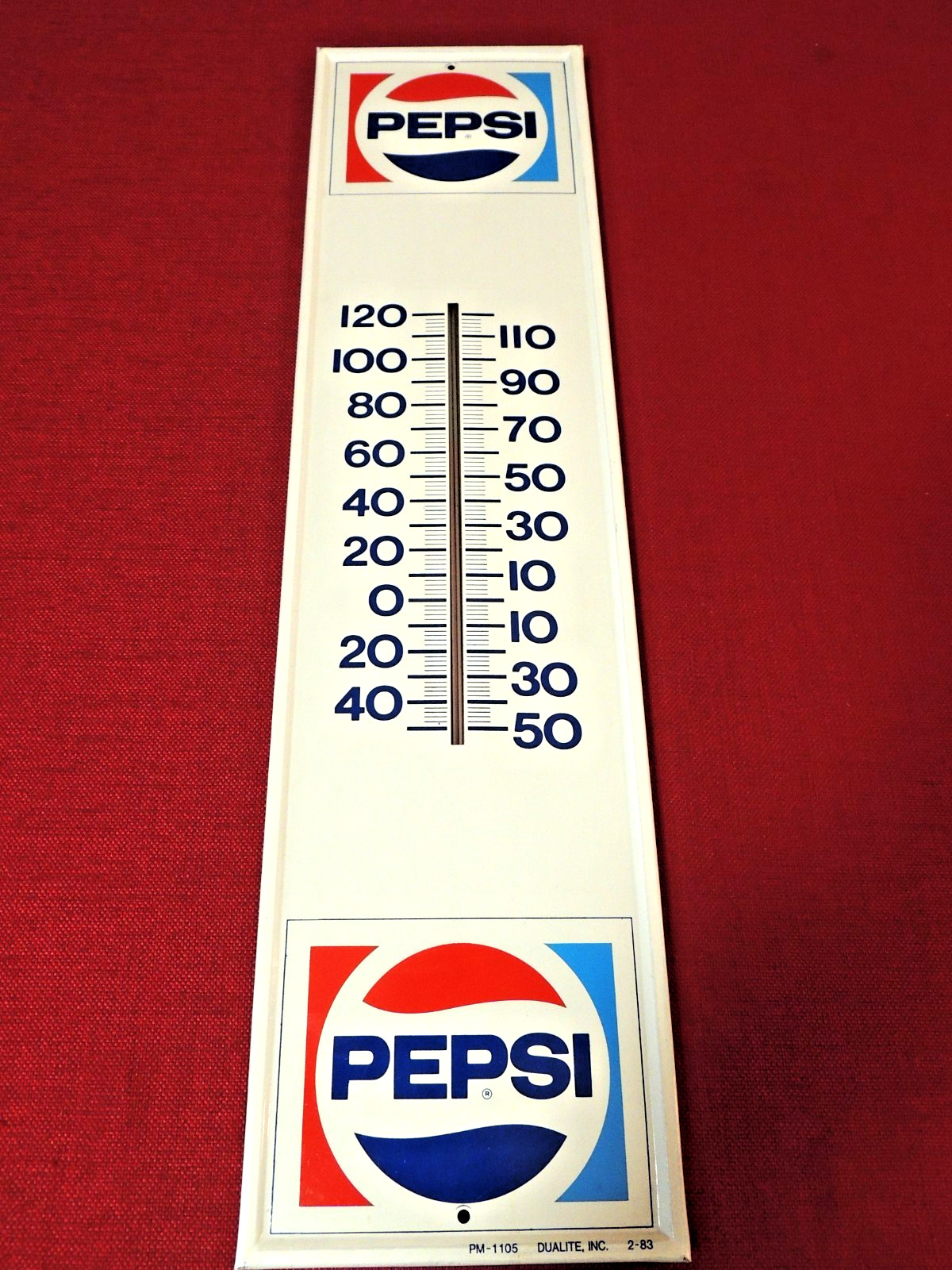 Vintage Pepsi Advertising Metal Thermometer 28" x 7 1/2", PM 1105, 2-83, NrMT
