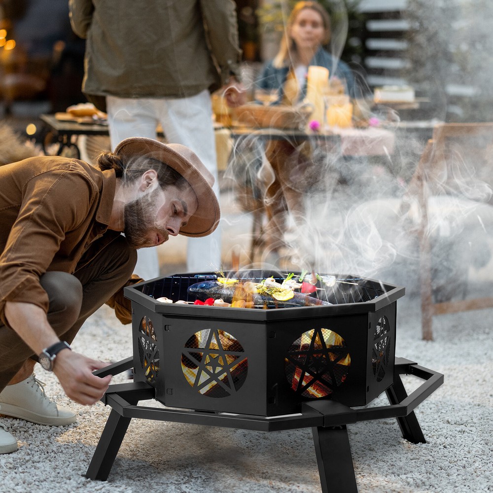 35"Octagonal Fire Pit Outdoor Fire Pit Wood Burning Firepit Bonfire Fire Pit