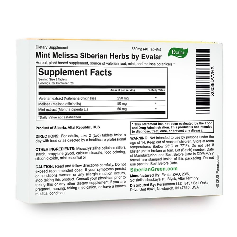 Evalar Melissa Mint Siberian Herbs Relaksozan 40 Tabs