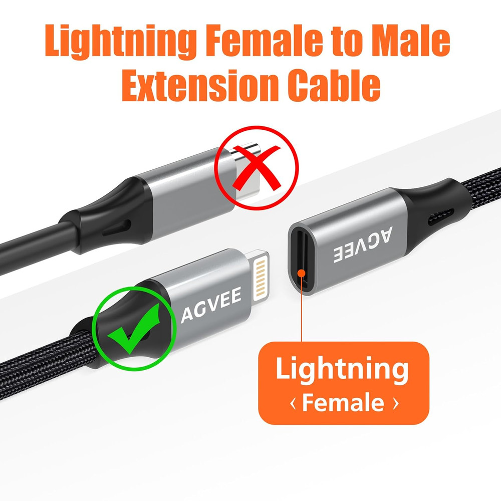 3.3Ft Lightning Extension Cable, Braided Female to Male Extender Full Function C