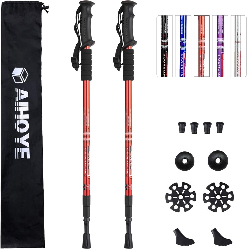 Red Aluminum Trekking Poles 2 Count - Anti-Shock, Collapsible & Replaceable Tips