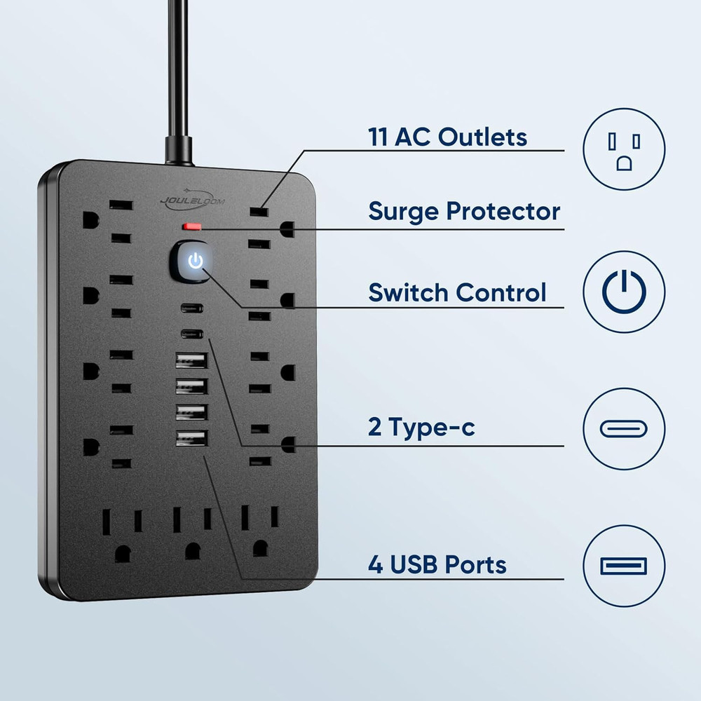 6 FT Flat Plug Surge Protector Power Strip,11 Multiple AC Outlets with 6 USB Por
