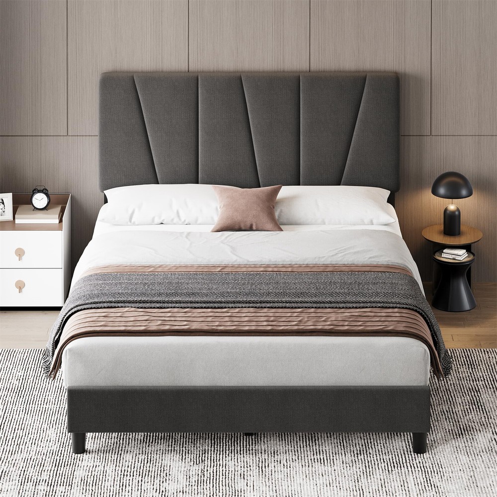 Full Size Bed Frame with Adjustable Headboard Linen Upholstered Platform Bedfram