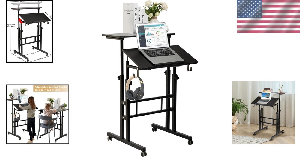 Mobile Adjustable Height Standing Desk with Wheels – Ergonomic Black Workstation