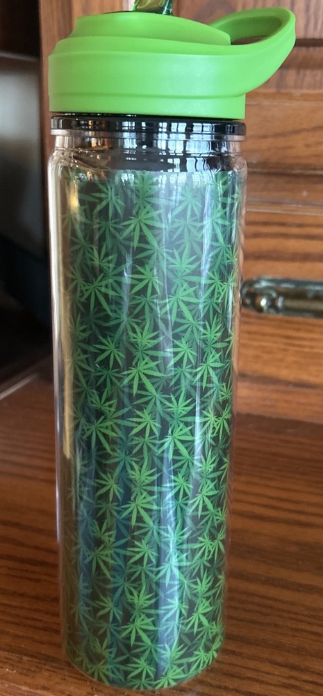 Marijuana Weed Leaf Pattern Water Bottle 18 Oz With Straw