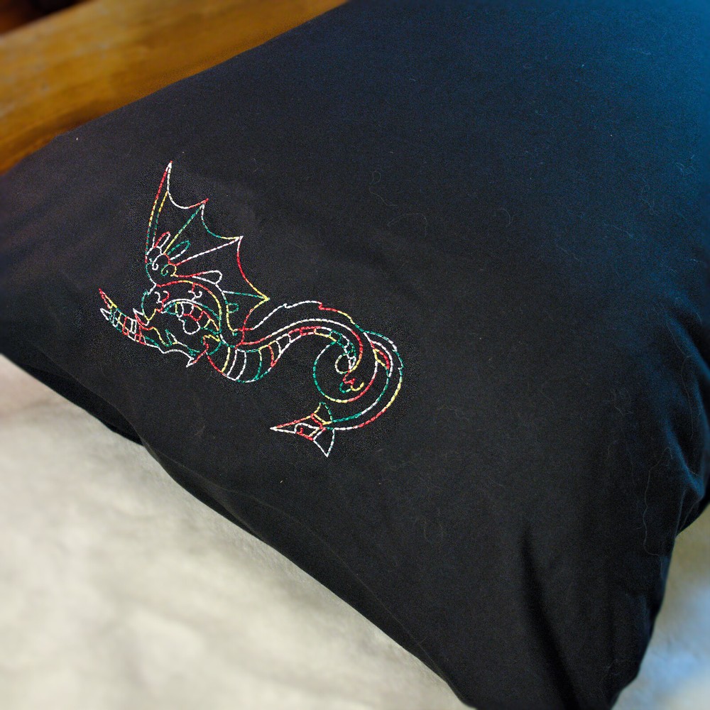 Dragon Embroidered Queen Size Pillowcase - Black