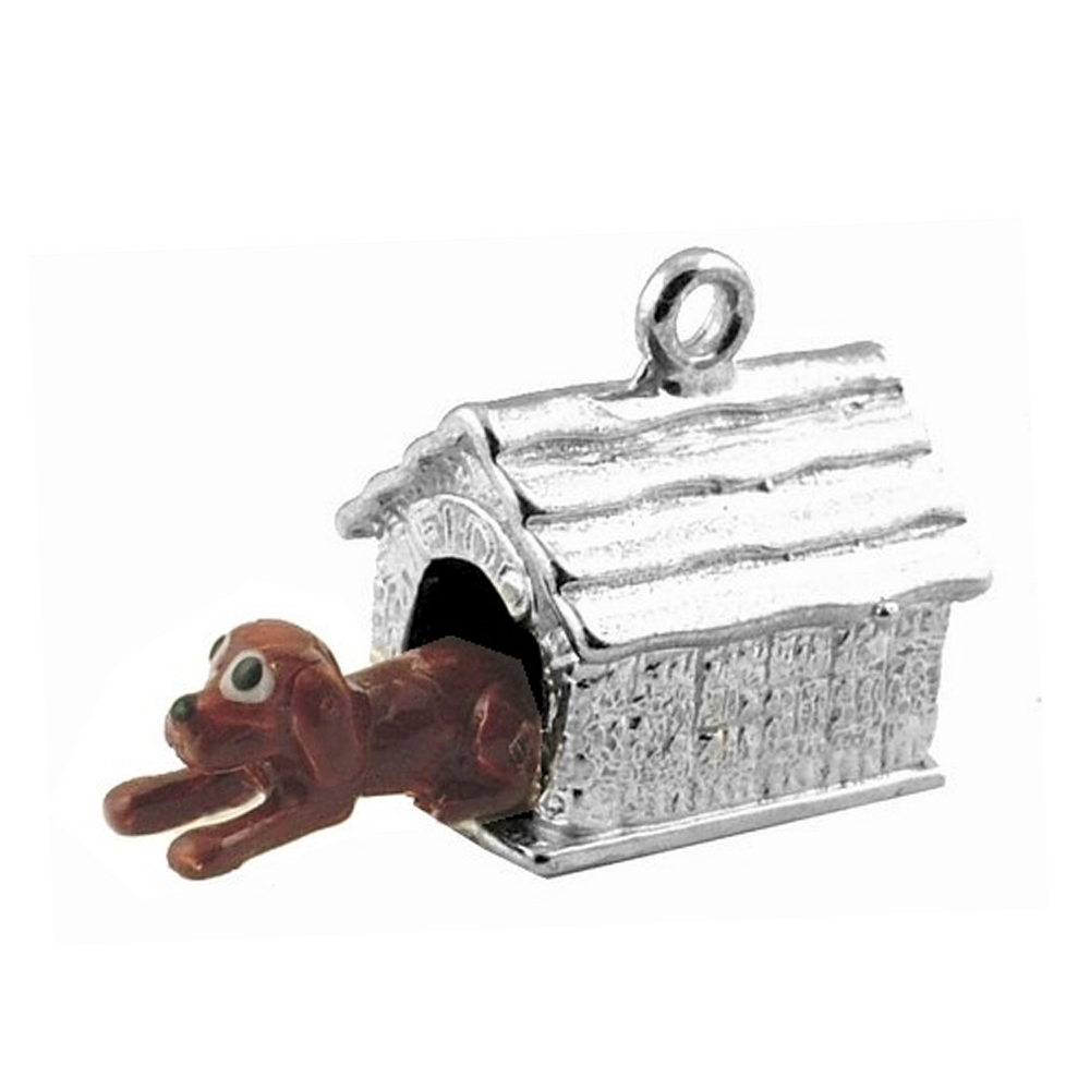 STERLING SILVER MOVABLE DOG IN KENNEL CHARM 