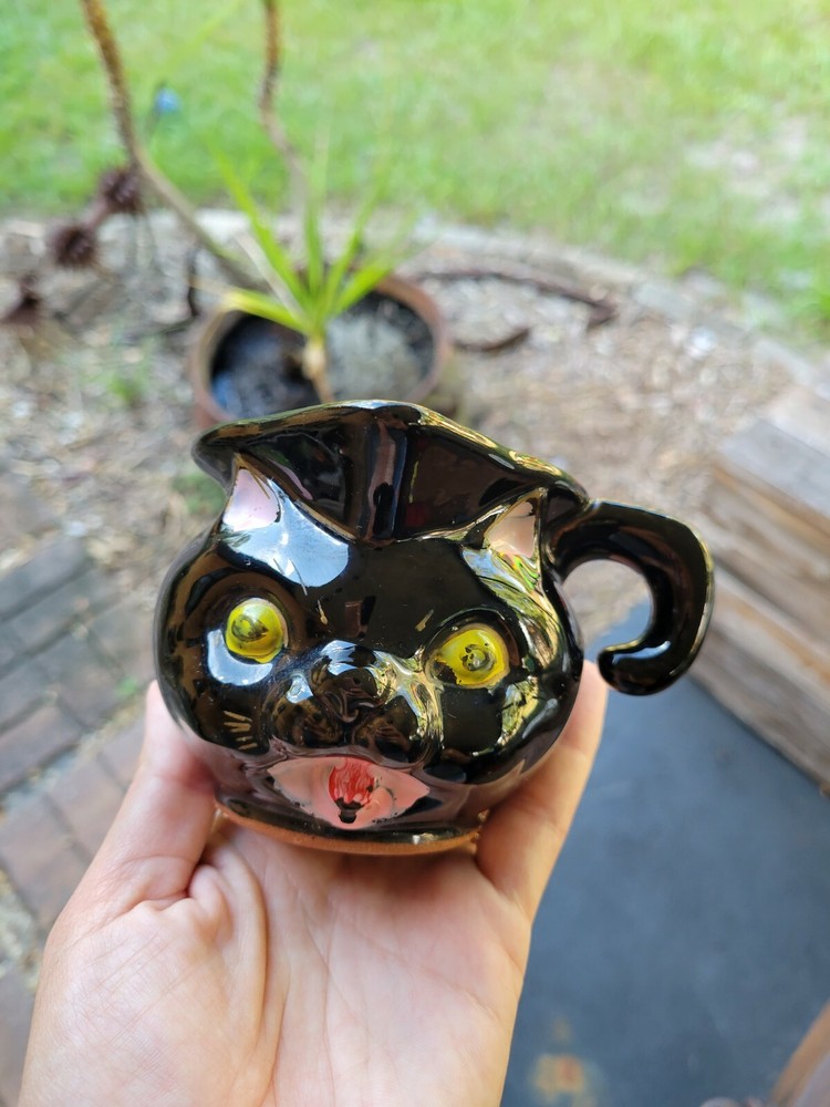 Vintage Black Cat Pitcher Handpainted