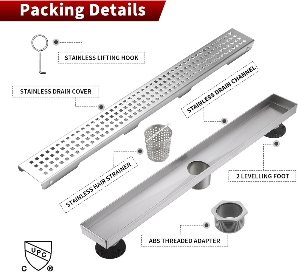 Sharp-tec 32 inch Linear Shower Drain, Brushed Rectangular Floor Drain, V-Shape