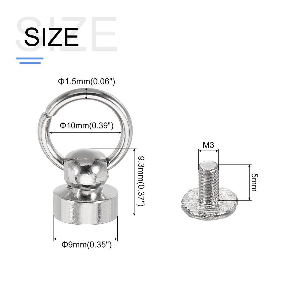 Round Head Pull Ring Rivet Studs 9mm 20Pcs Brass Button Rivets with Screw Silver