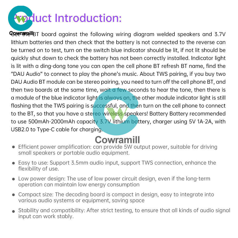 5pcs Type-C DC3.5V-5V 5W Mono Audio Amplifier Bluetooth Decoding Board TWS 3.5mm