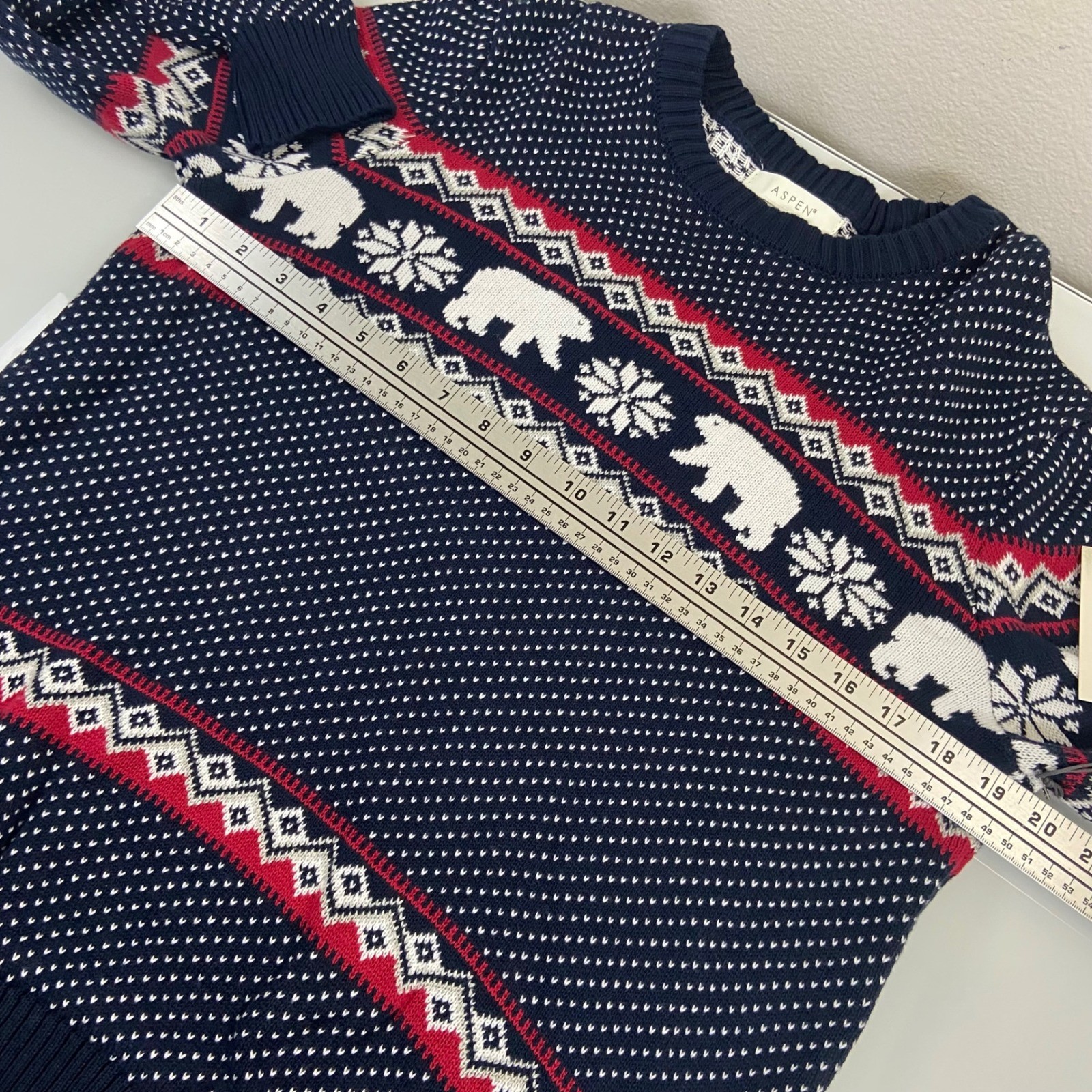 Aspen Mens Medium Polar Bear Christmas Sweater Navy Blue Red White Fair Isle