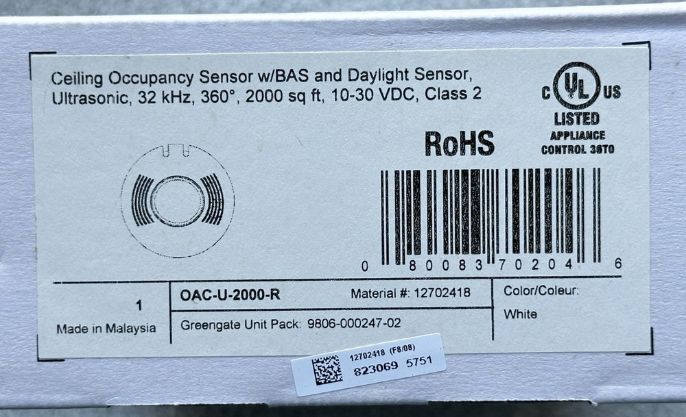 NEW Cooper Greengate OAC-U-2000-R Daylight Occupancy Sensor BAS 360° 2000 sq ft