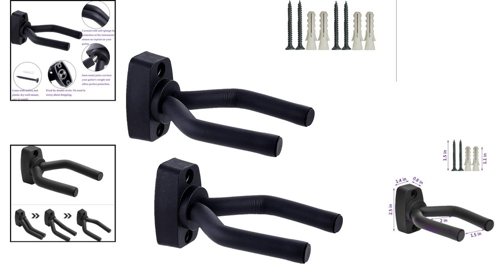 Guitar Wall Mount Hanger - 2 Pack - Easy Install, Fits All String Instruments
