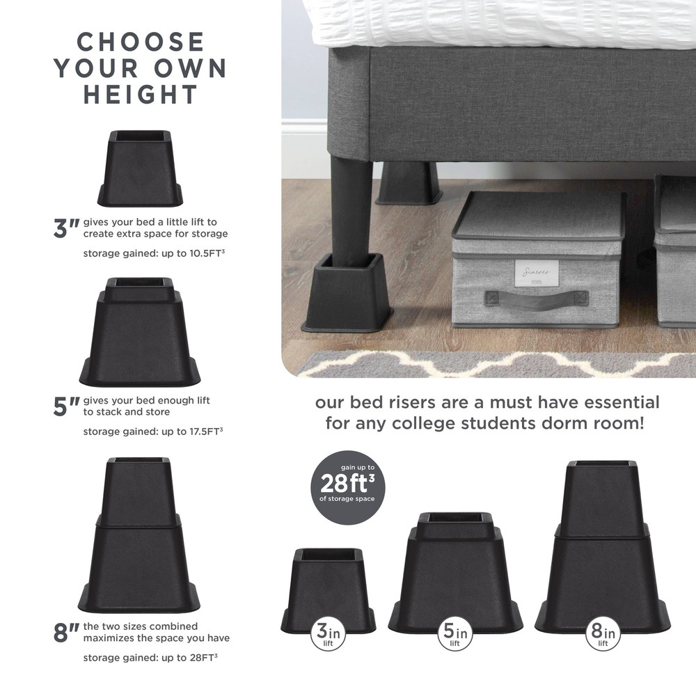 8 Piece Plastic Adjustable 3", 5", or 8" Bed Risers Set, 4.5" x 4.5", Black