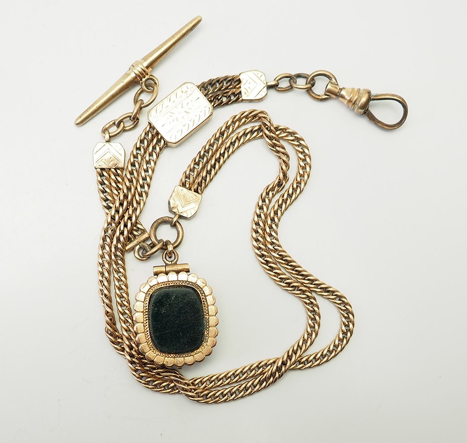 Antique gold filled carved tiger eye profile etched locket chain watch fob