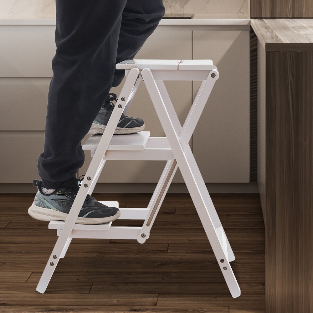 3-layer Folding Step Ladder Folding Wooden Step Stool Not Require Assembly White