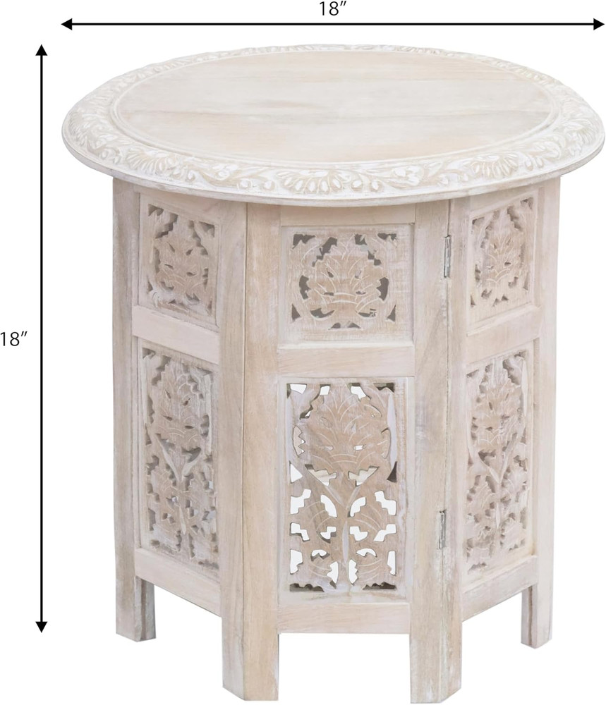 Solid Wood End Table - Hand Carved Vintage Boho Folding Accent Side Table - S...