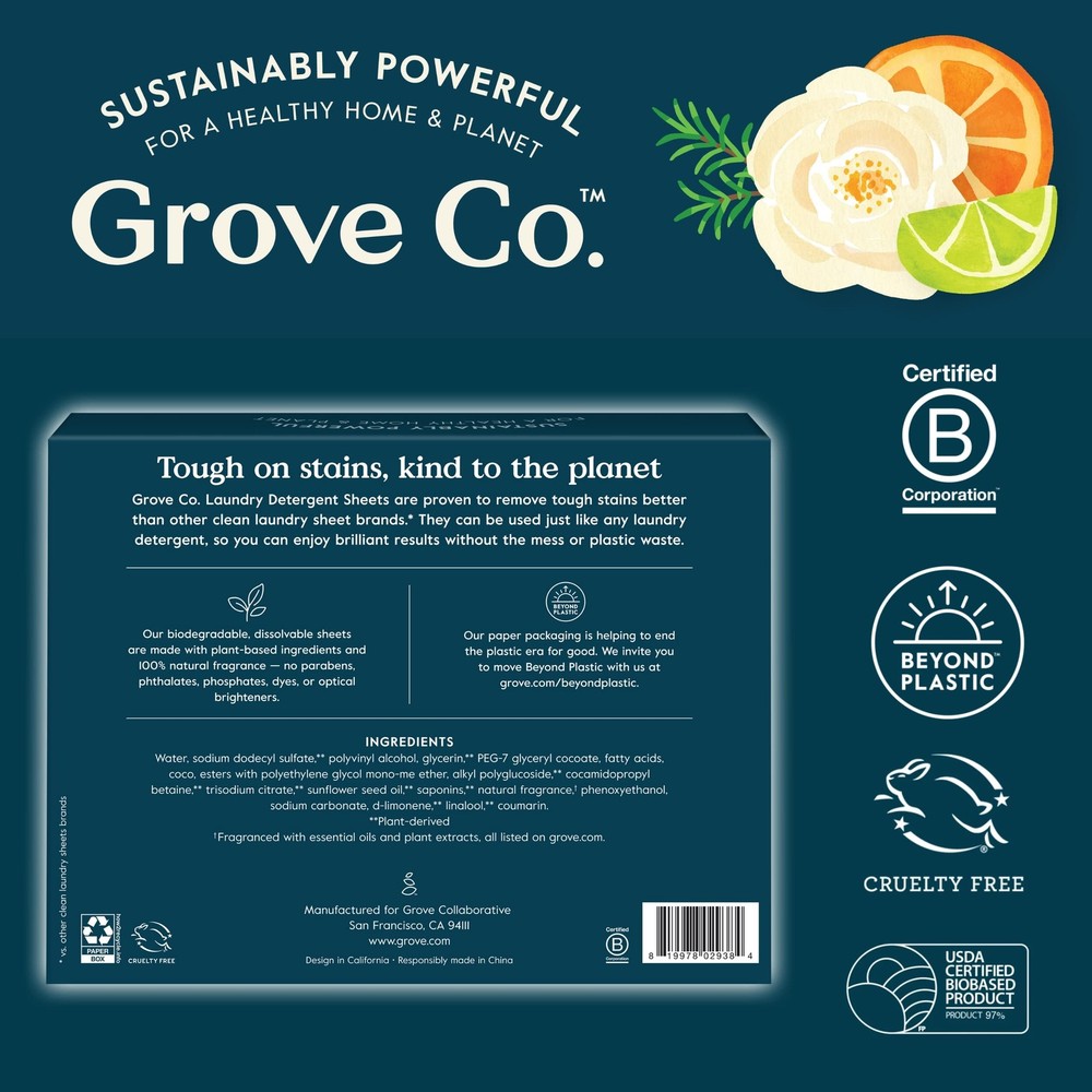 Grove Co. Laundry Detergent Sheets, Power Clean Dissolving Washer Sheets (2 P...