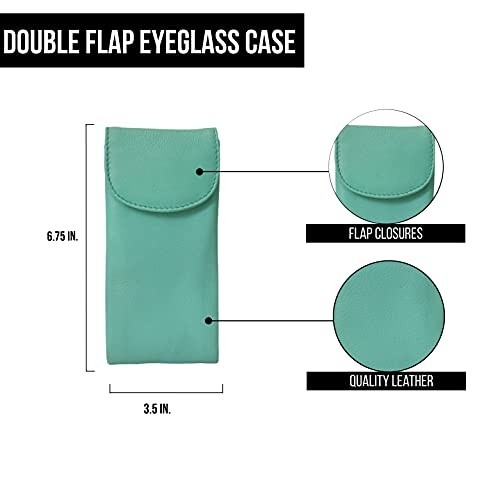 Double Flap Leather Eyeglass Case, Soft Multi-Functional 2-in-1 Turquoise