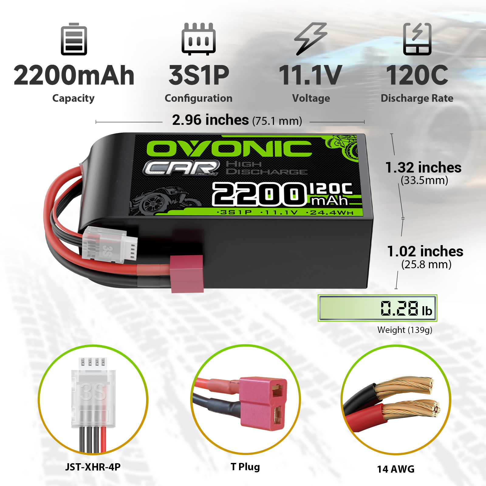 2X OVONIC 11.1V 120C 2200mah 3S Short Lipo Battery T for RC Car truck buggy boat