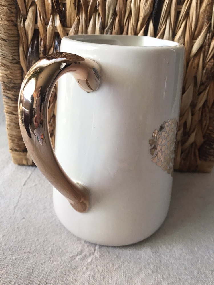 Ceramic Pitcher 7”Heart Flutter White W/ Copper Handle Unique. EUC debi Lily