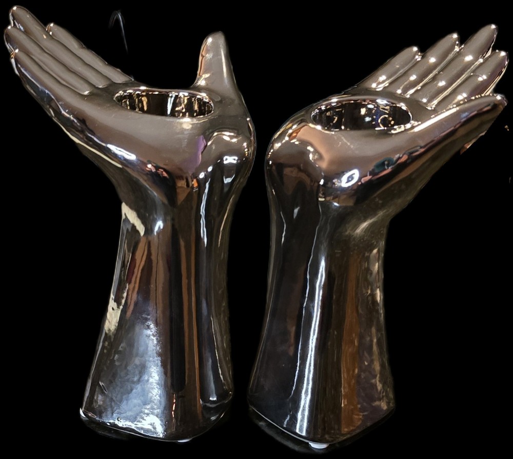 2 Pc Silver Ceramic Hand Candle Holders