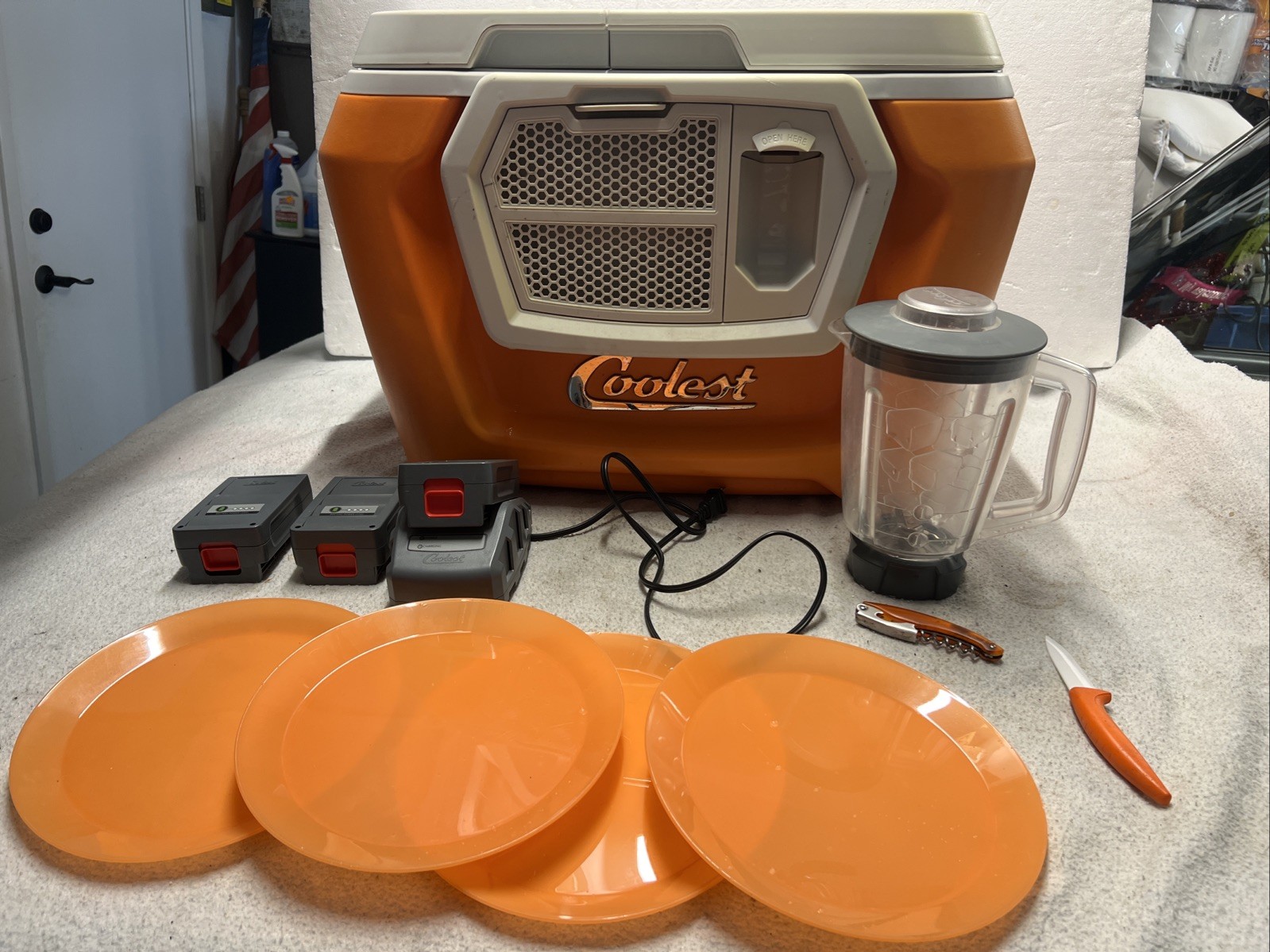 COOLEST COOLER Orange with Plates, Blender, Knife, Charger - See Notes