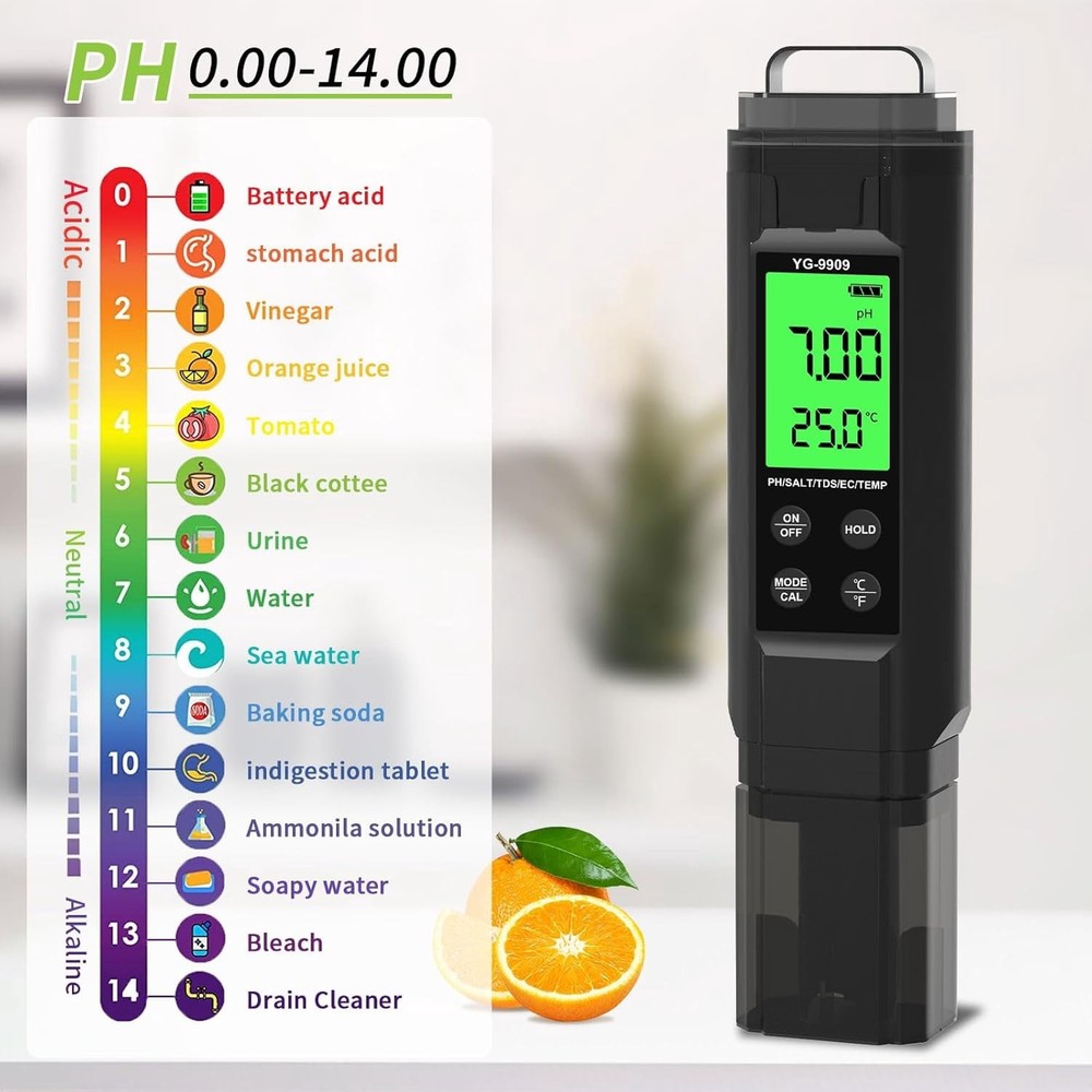 7-in-1 Digital pH Meter - TDS/Salinity/Temp/EC/S.G/ORP, Black