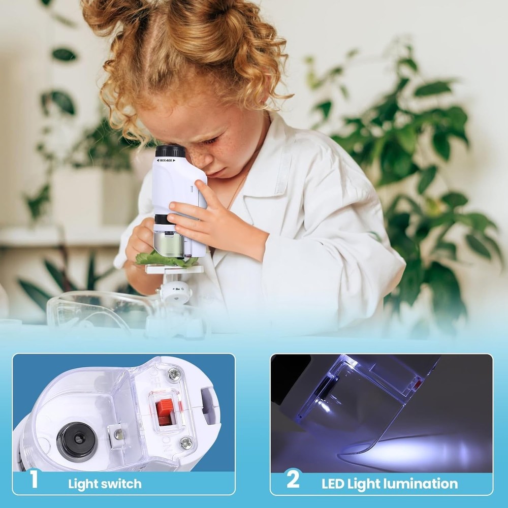 Portable Mini Microscope Handheld 60x-180x Lighted Microscope W/4 Slides, White